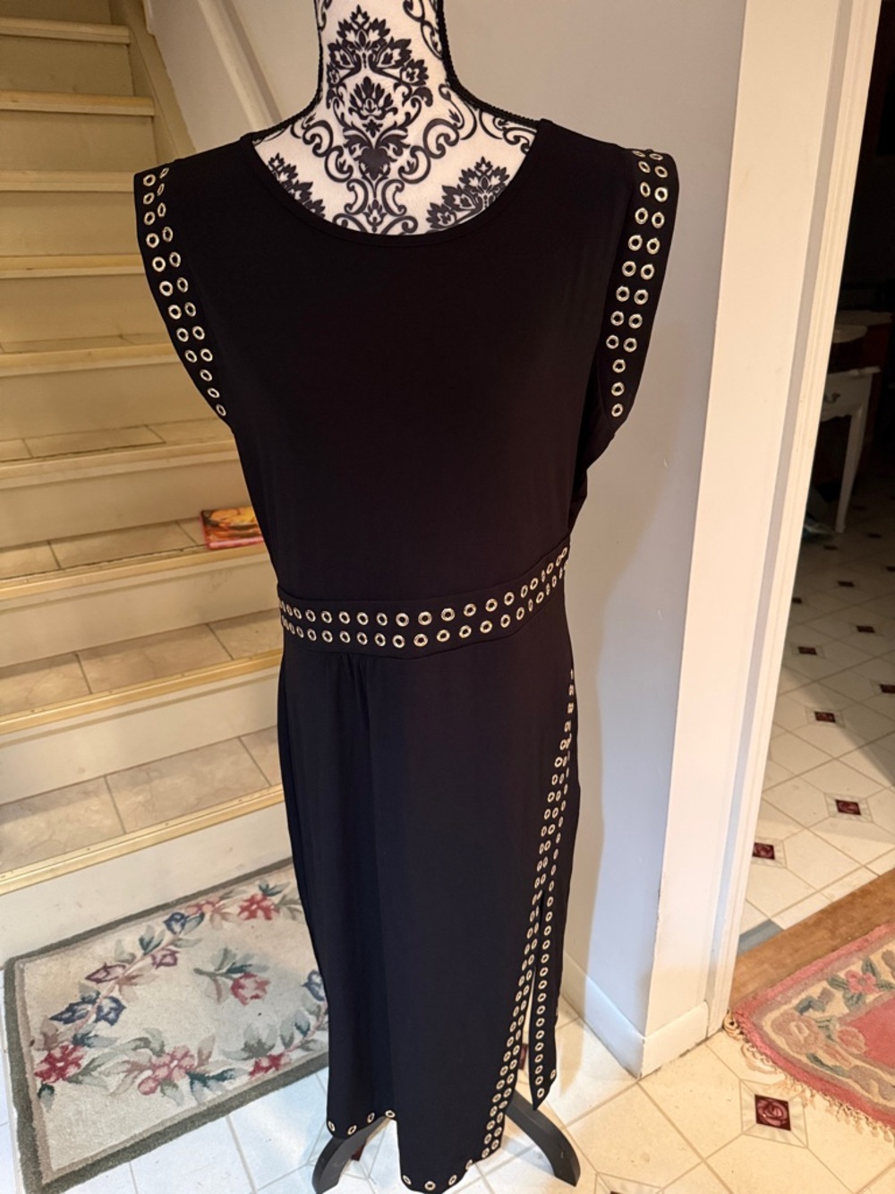 MICHAEL Michael Kors Black Sleeveless Midi Dress with Metallic Eyelet Trim